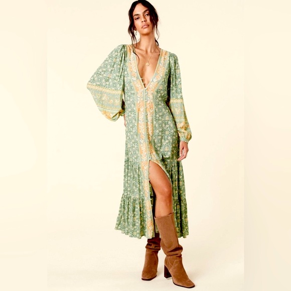Spell Dresses & Skirts - Spell Madame Peacock Button Through Gown Long Dress Emerald Color XL Patterned